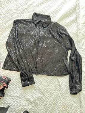 Moa Moa Black Sequin Button-Down Shirt